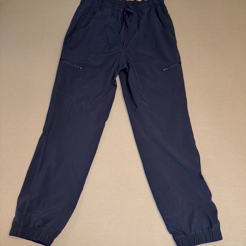 Eddie Bauer Womens Navy Fleece Lined Joggers Cargo Pants Size 12 Plaid Lining